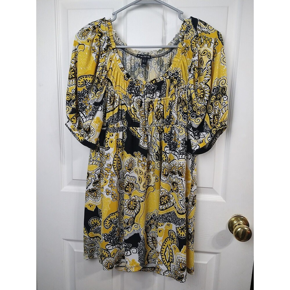 FANG Woman L Tunic Blouse Babydoll Yellow Black S/S Retro Hippie Casual
